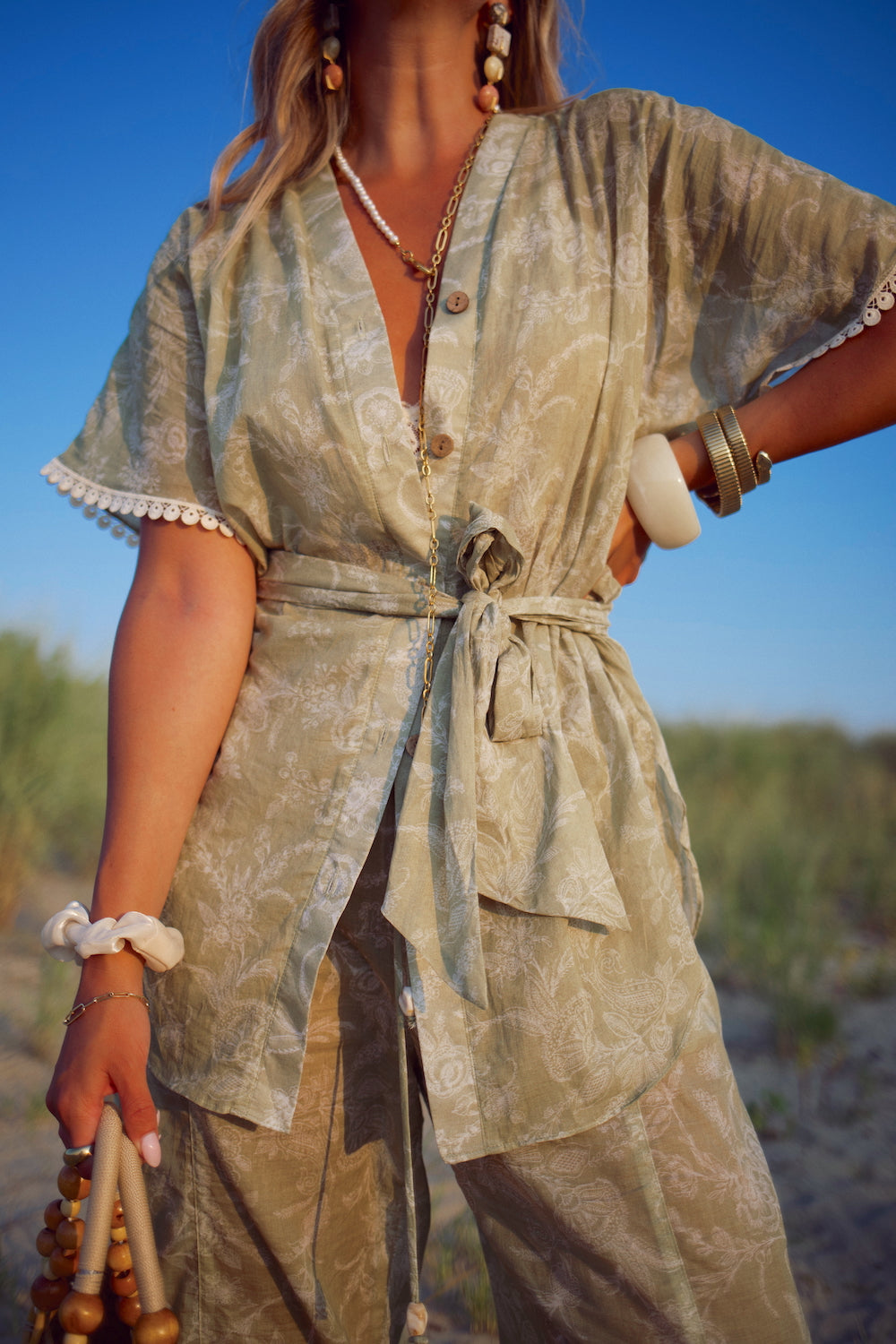 Cotton Cropped Essential Wide Leg Pant - August Sage