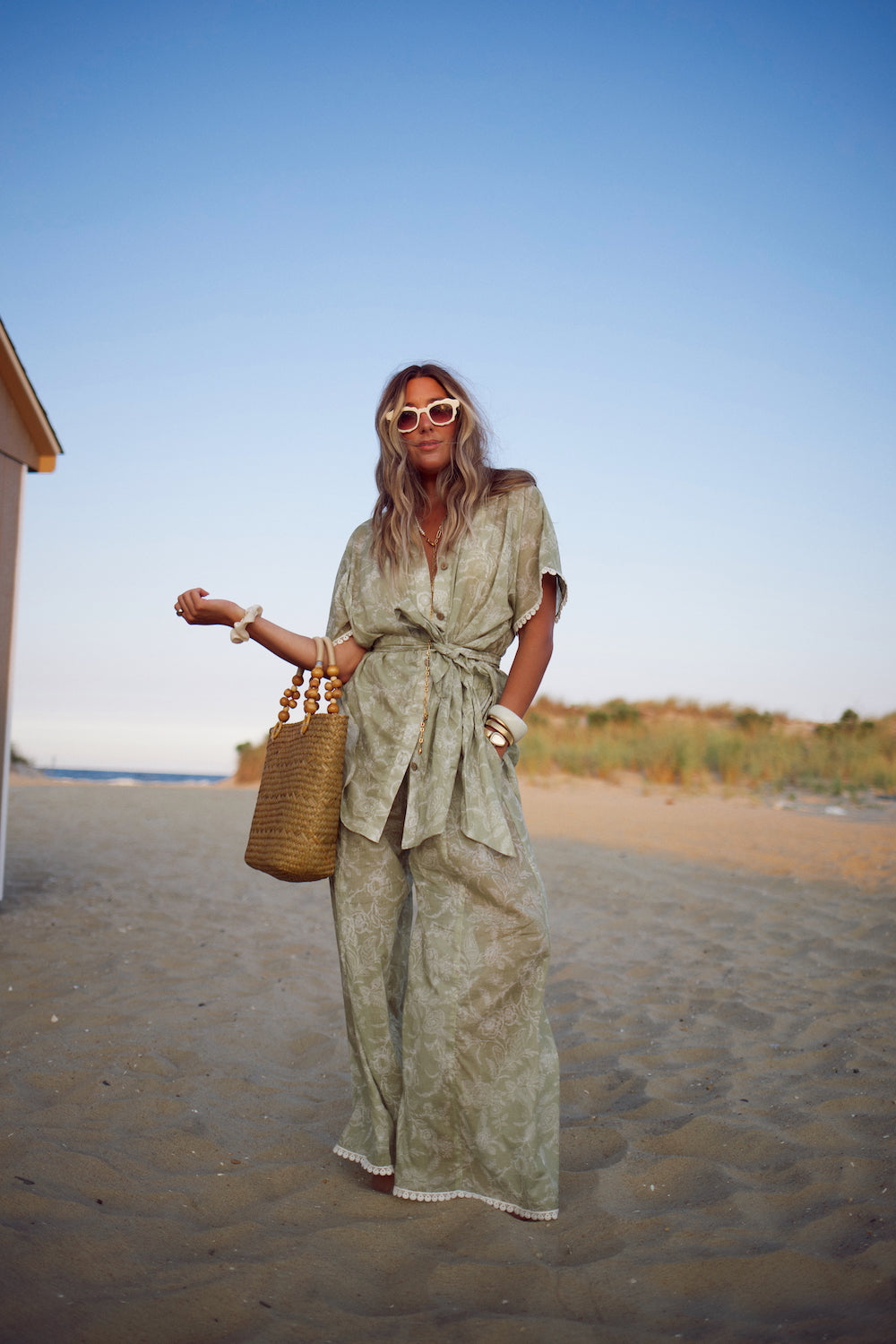 Cotton Cropped Essential Wide Leg Pant - August Sage