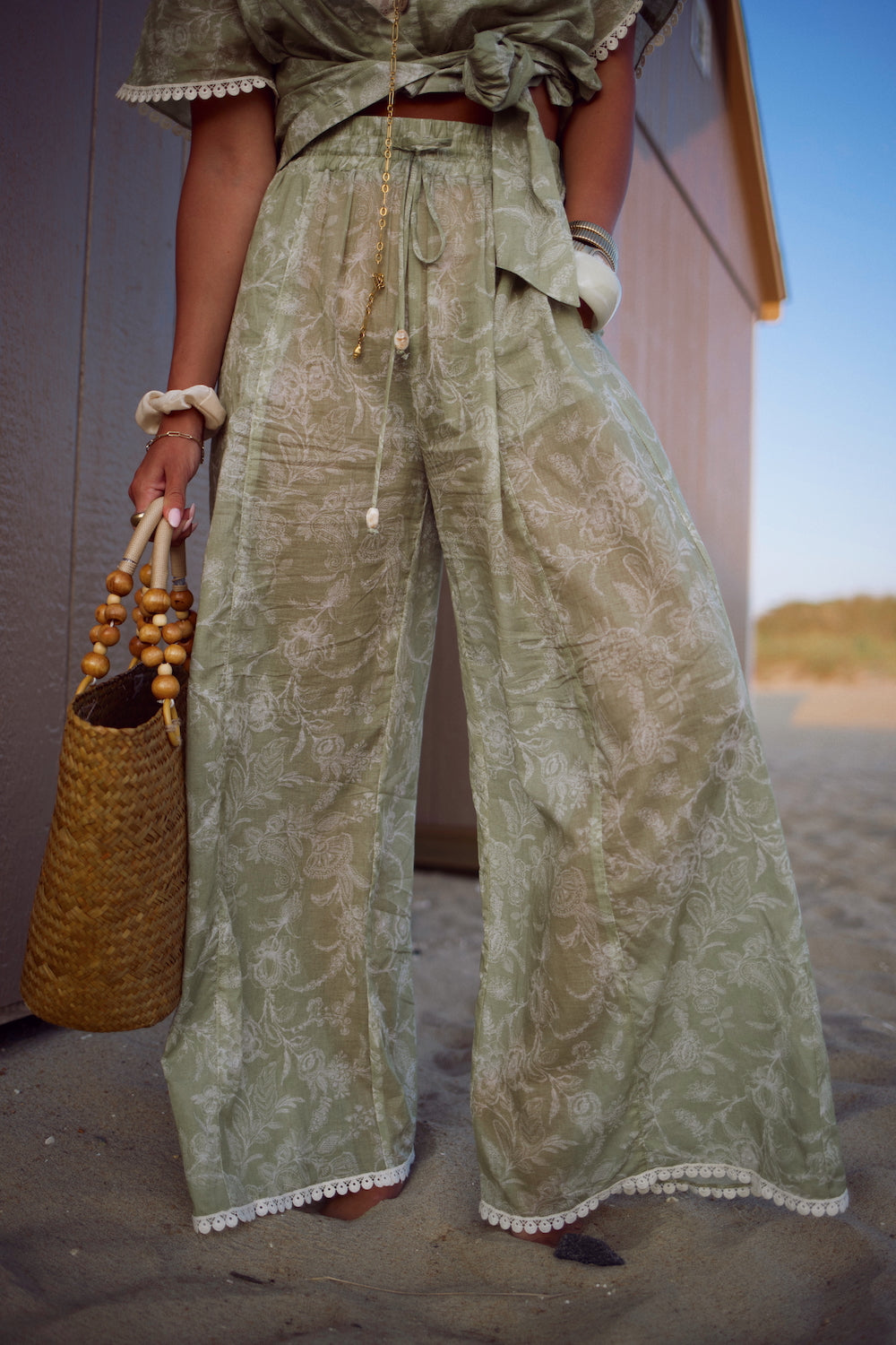 Cotton Cropped Essential Wide Leg Pant - August Sage