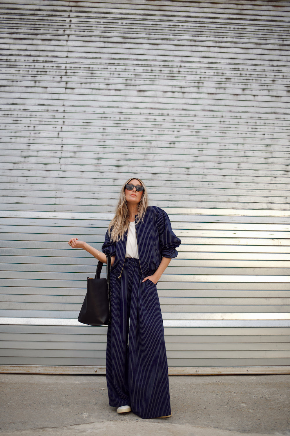 Wide Leg Trouser - Stone Pinstripe