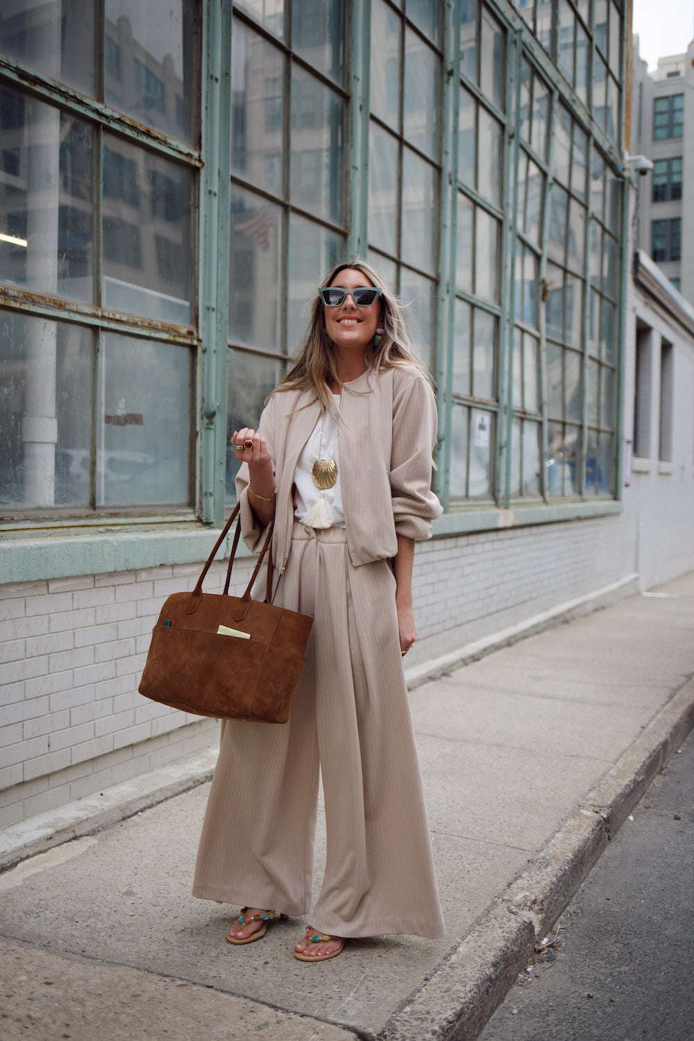 Wide Leg Trouser - Stone Pinstripe