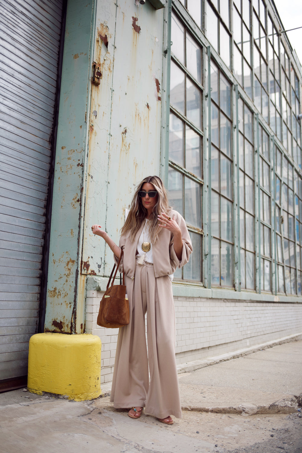 Wide Leg Trouser - Stone Pinstripe