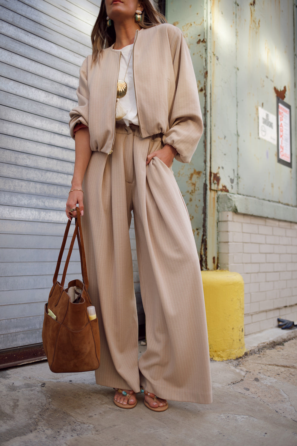 Wide Leg Trouser - Stone Pinstripe