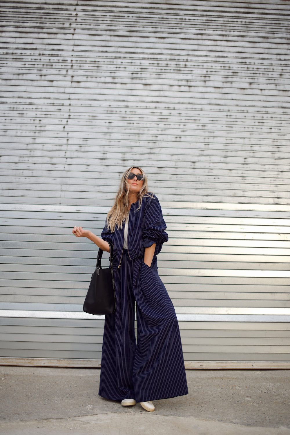 Wide Leg Trouser - Stone Pinstripe