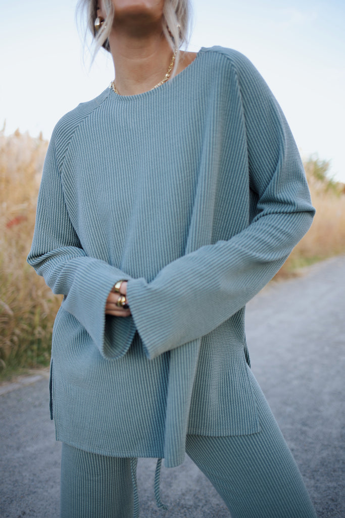 Ribbed Bell Sleeve Top - Blue Olive