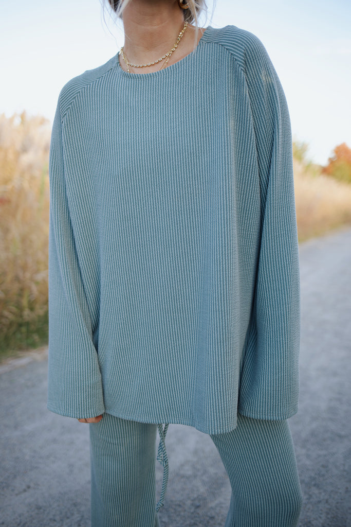Ribbed Bell Sleeve Top - Blue Olive