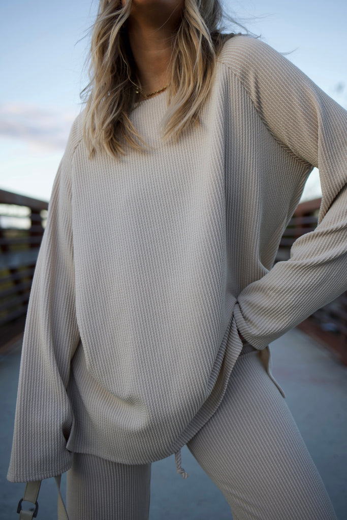 Ribbed Bell Sleeve Top - Stone