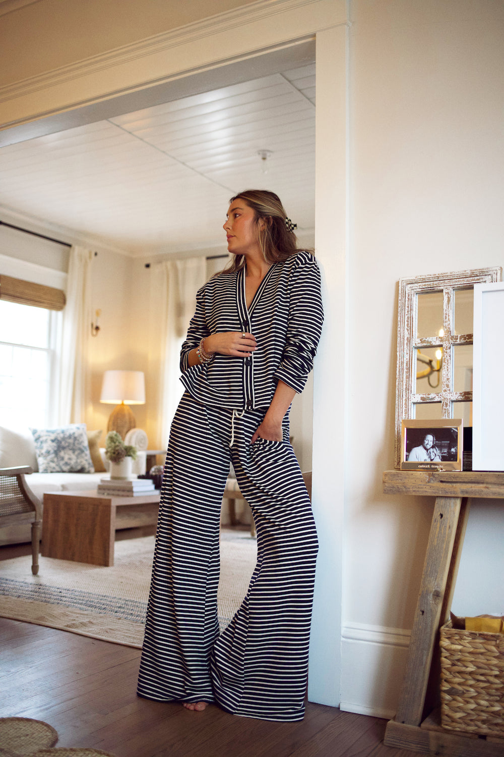 Lightweight Cardi Sweatshirt - Navy/Natural Stripe