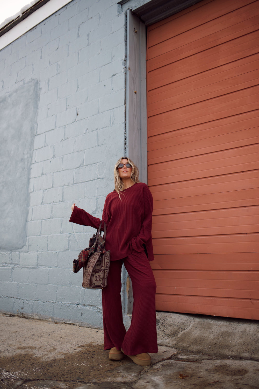 Ribbed Sweater Bell Sleeve Top - Tawny Port