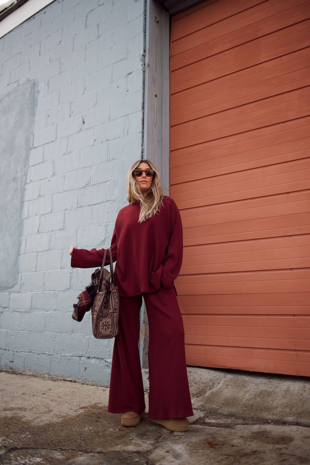 Ribbed Sweater Bell Sleeve Top - Tawny Port