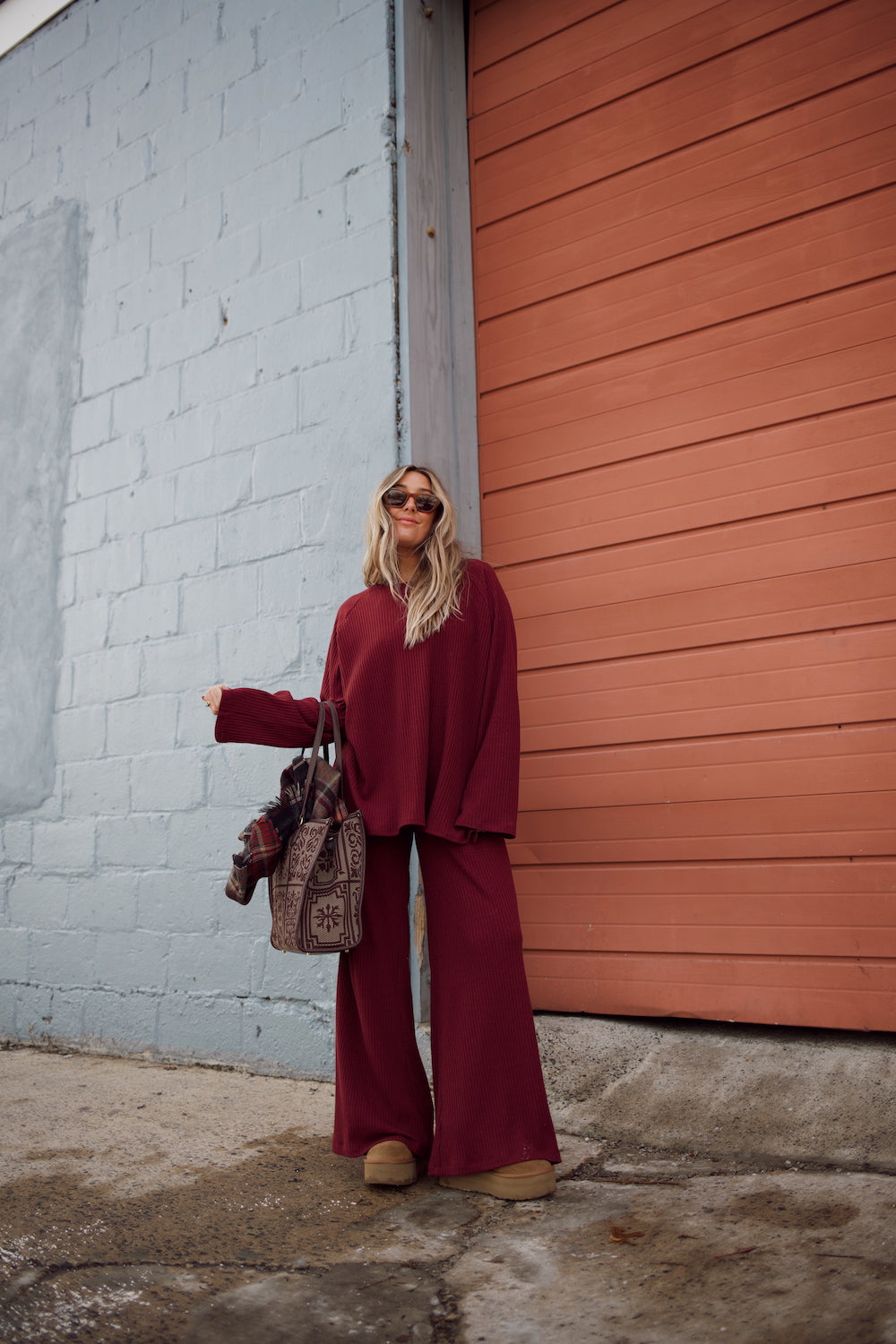 Ribbed Sweater Bell Sleeve Top - Tawny Port