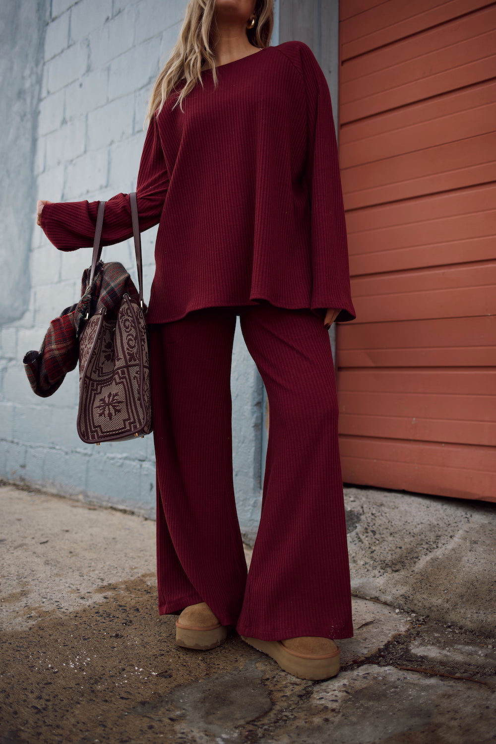 Ribbed Sweater Bell Sleeve Top - Tawny Port