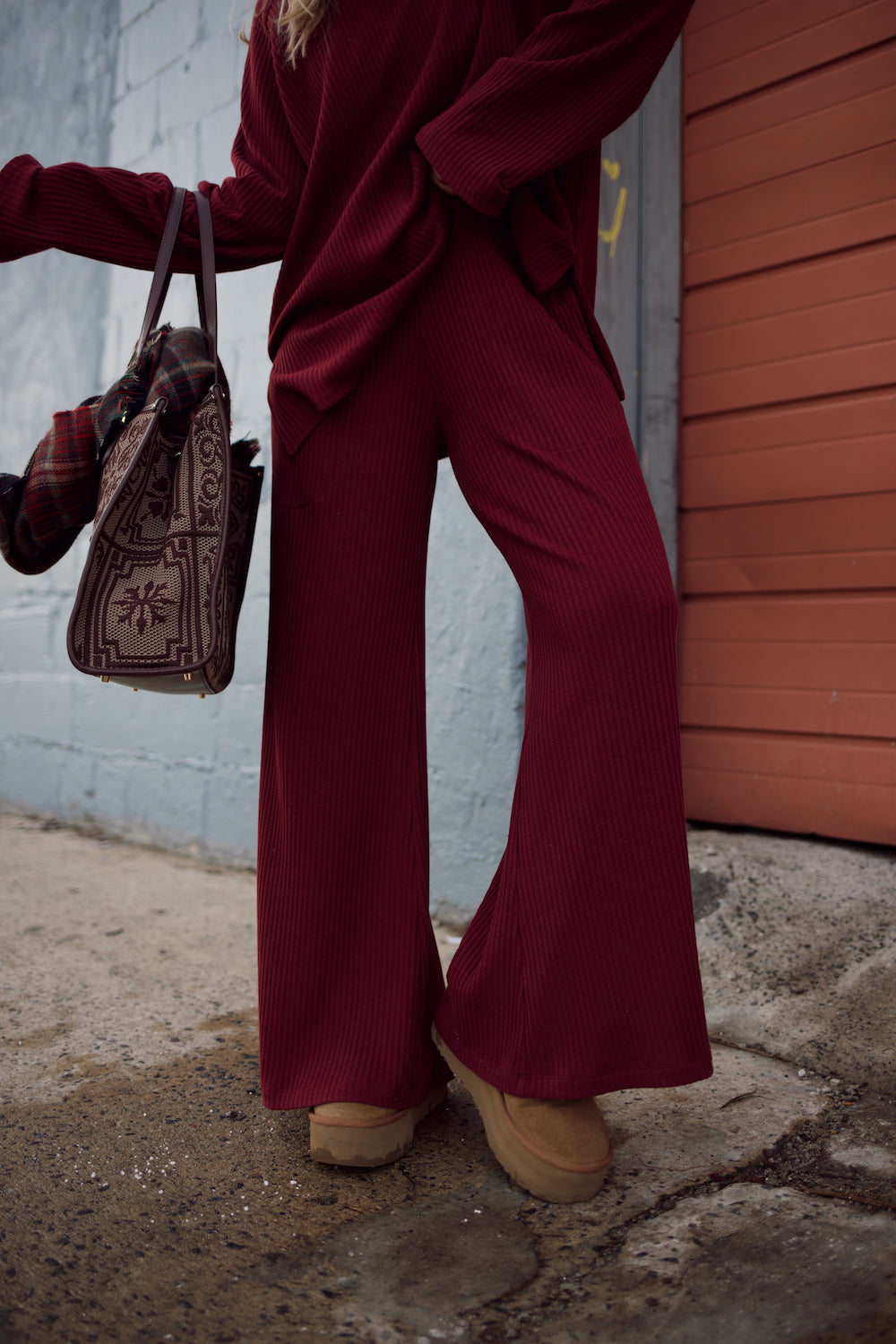 Ribbed Sweater Bell Sleeve Top - Tawny Port