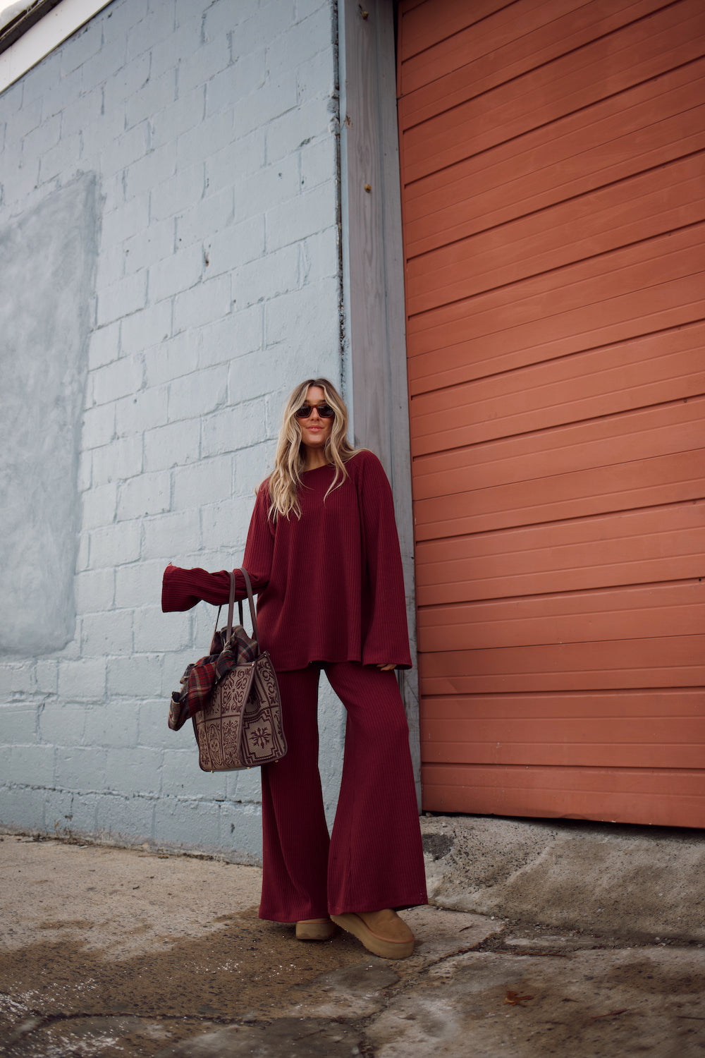 Ribbed Sweater Bell Sleeve Top - Tawny Port