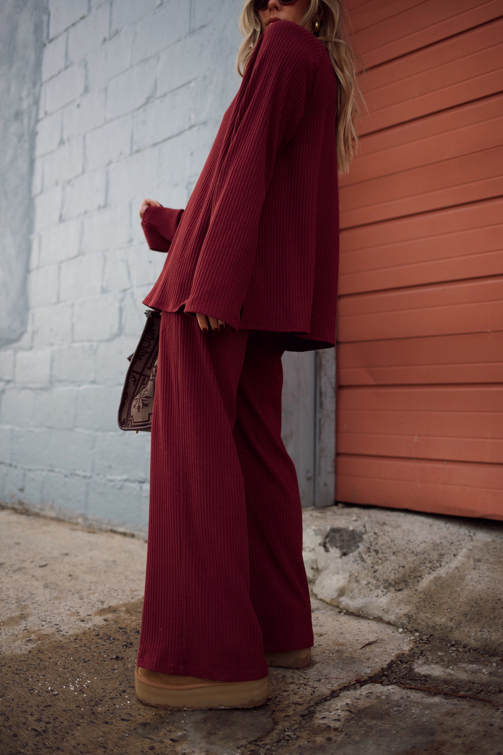 Ribbed Sweater Bell Sleeve Top - Tawny Port