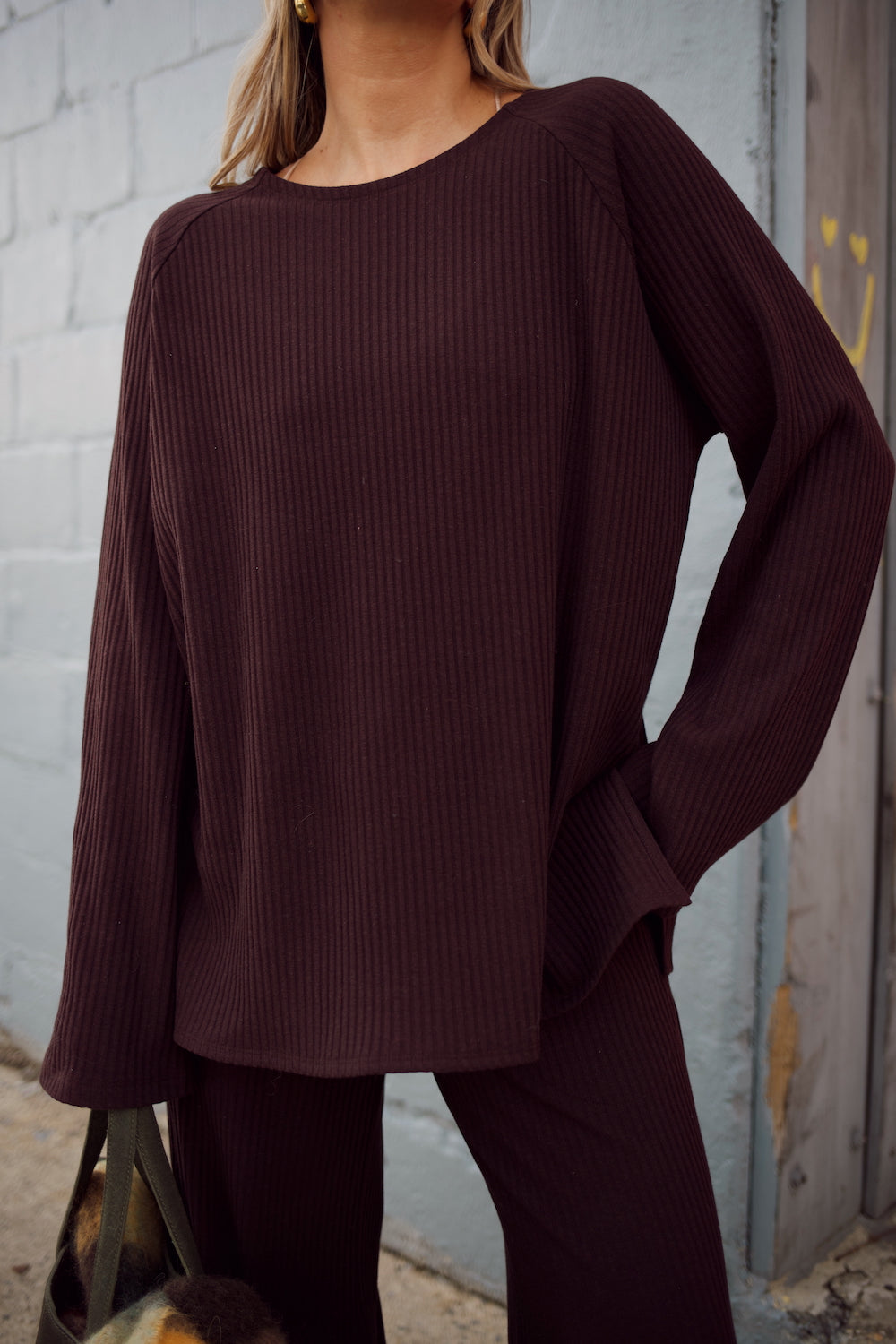 Ribbed Sweater Bell Sleeve Top - Chocolate