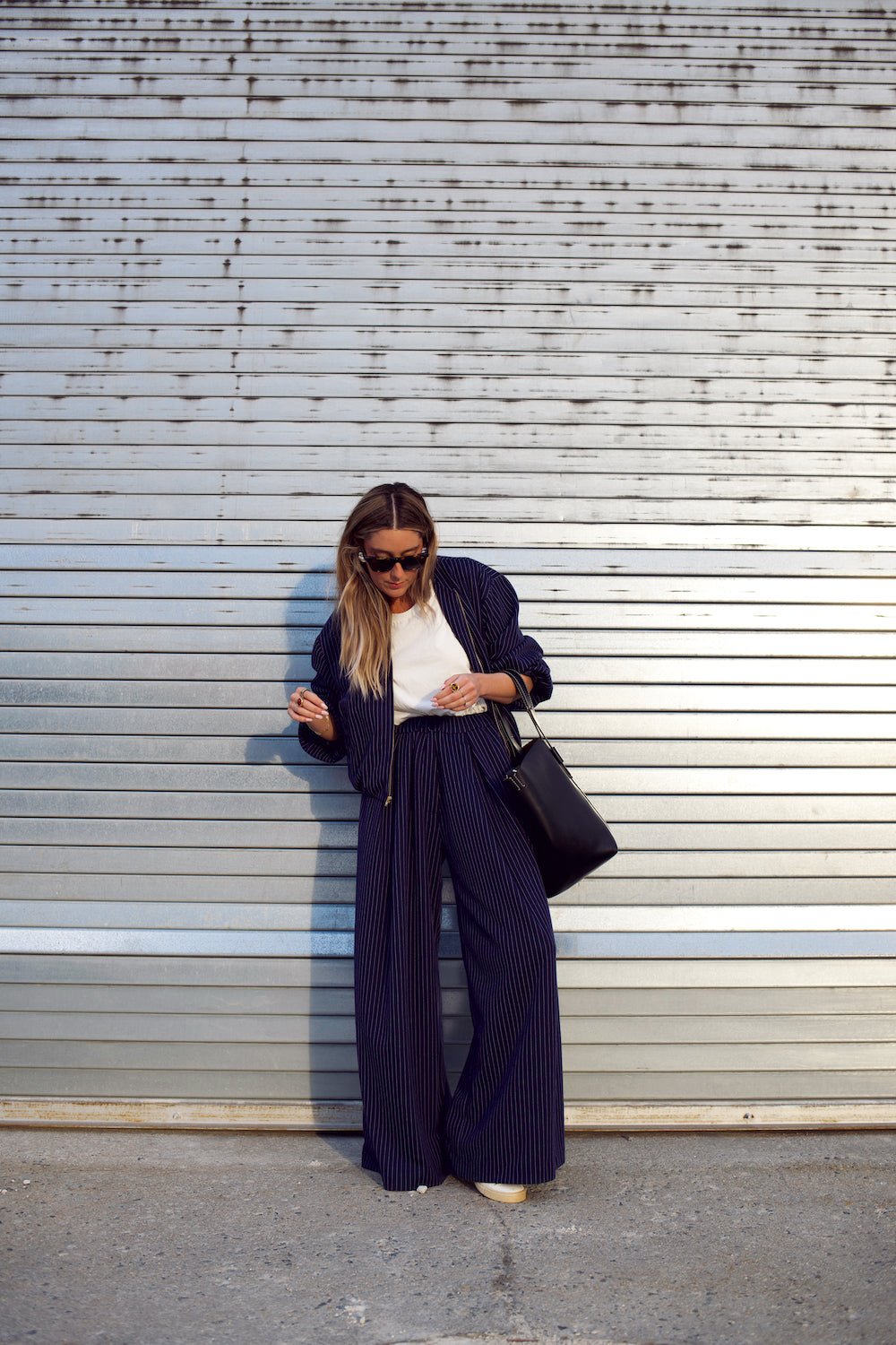 Wide Leg Trouser - Navy Pinstripe