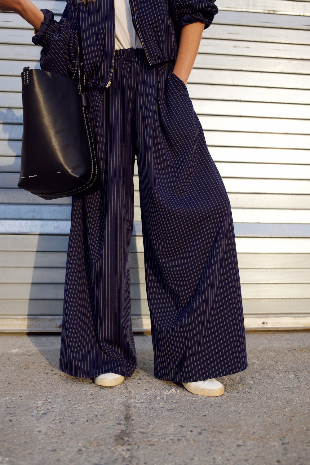 Wide Leg Trouser - Navy Pinstripe