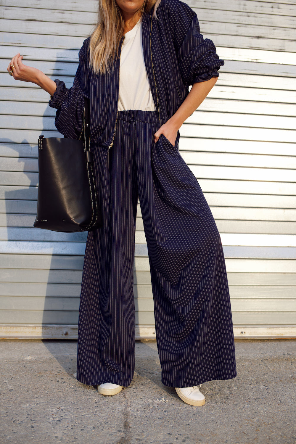 Wide Leg Trouser - Navy Pinstripe