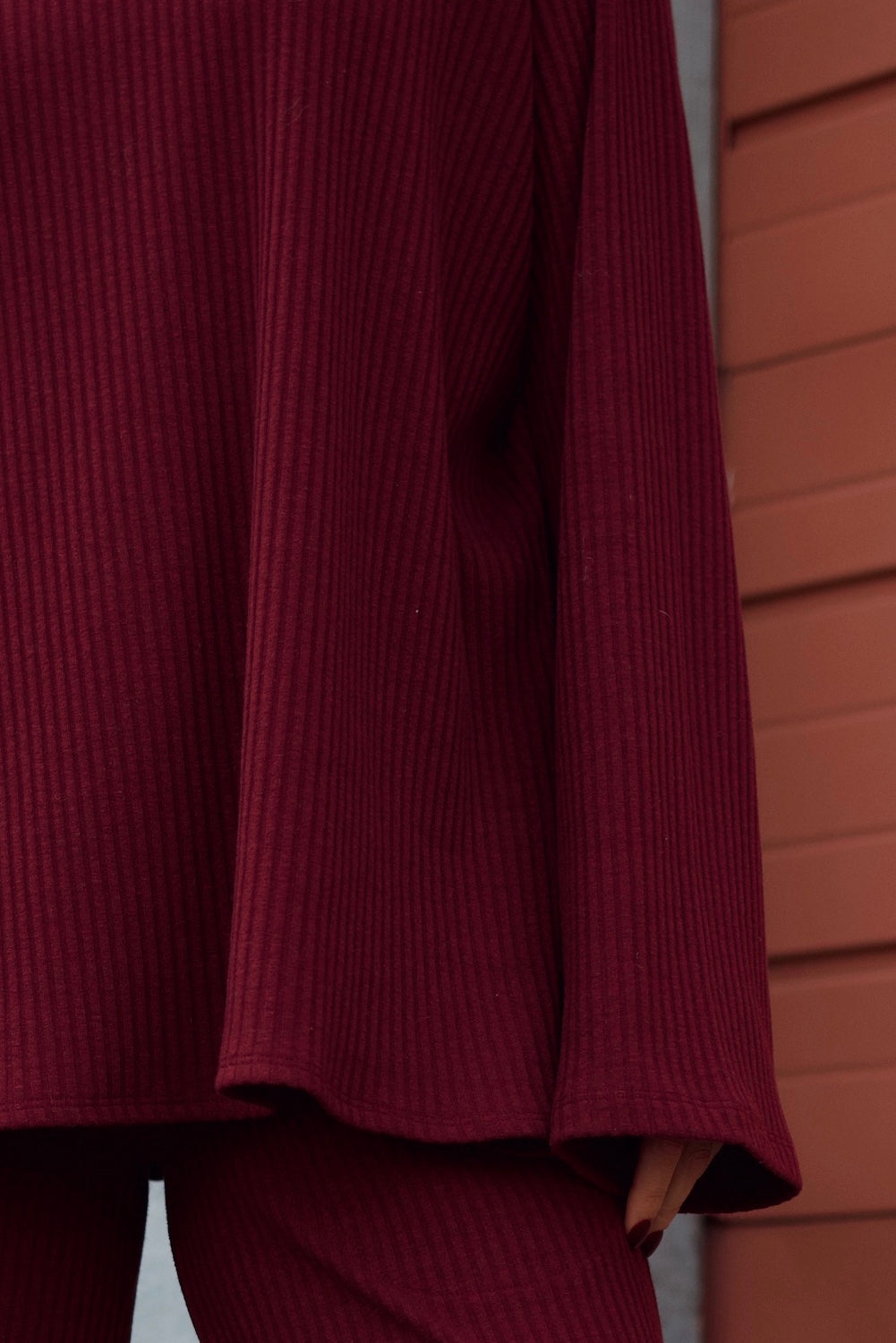 Ribbed Sweater Bell Sleeve Top - Tawny Port